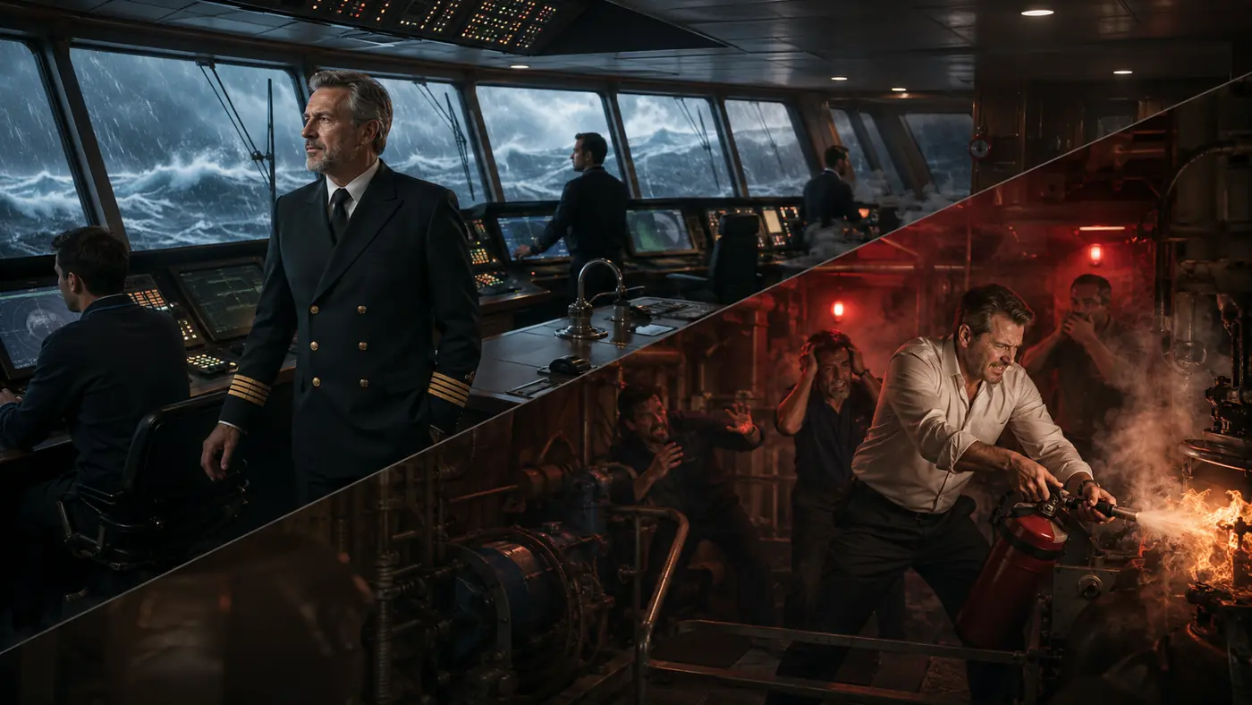 Спокойный капитан управляет через систему, пока другой лично тушит пожар